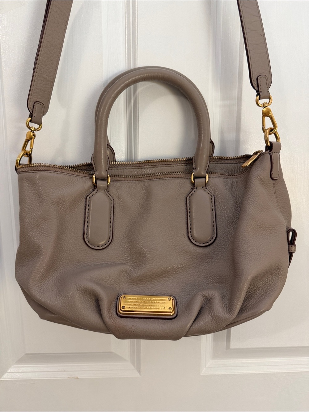 Taupe Pebbled Leather Satchel with Gold Accents